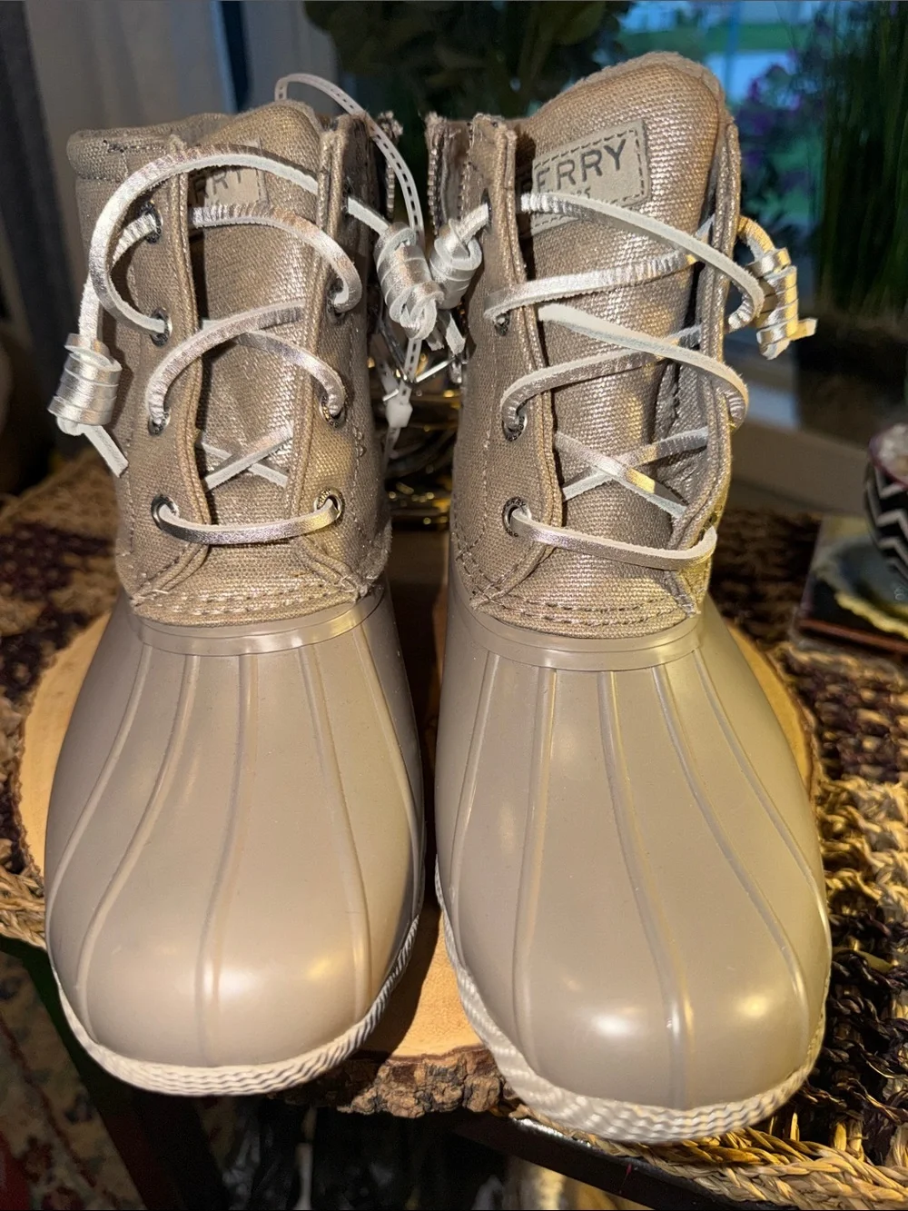 Sperry Saltwater Shimmer Duck Boots Dove Taupe Women’s Size 5 M STS86431